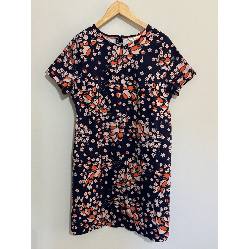 Boden Women's 14 Navy Blue Floral Short Sleeve Shirt Dress Size 14L Cotton